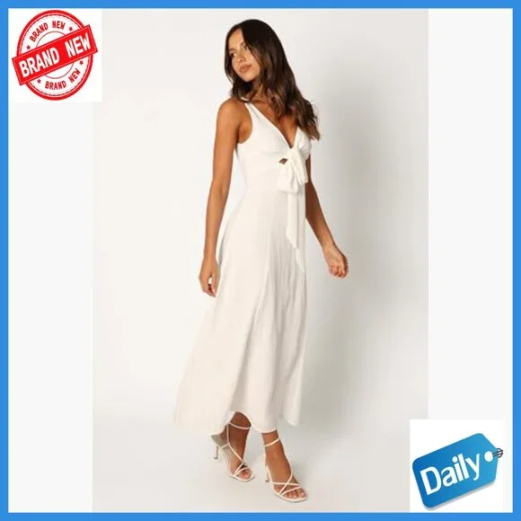 Midi Cocktail Dress with V-Neck, High Waist, and Cut-Out Detail